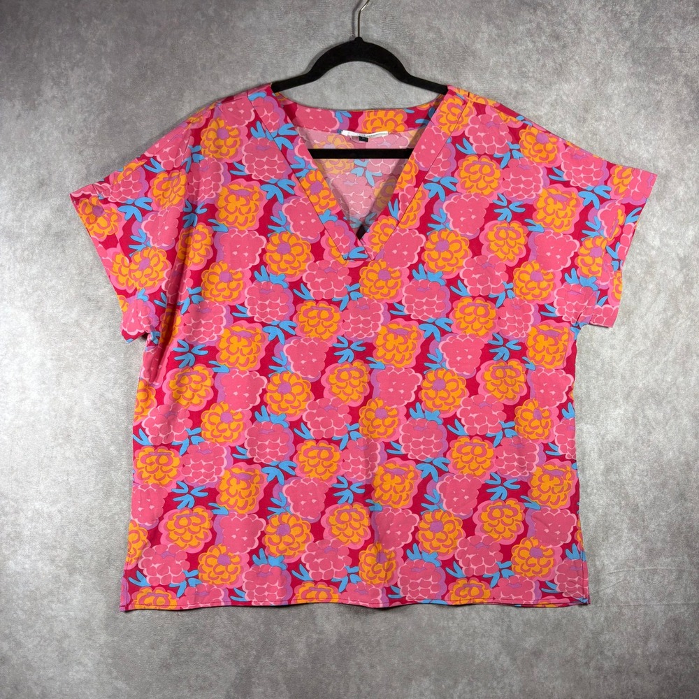 Michelle McDowell Top Womens Large‎ Pink Floral V-Neck Short Sleeve Blouse Retro